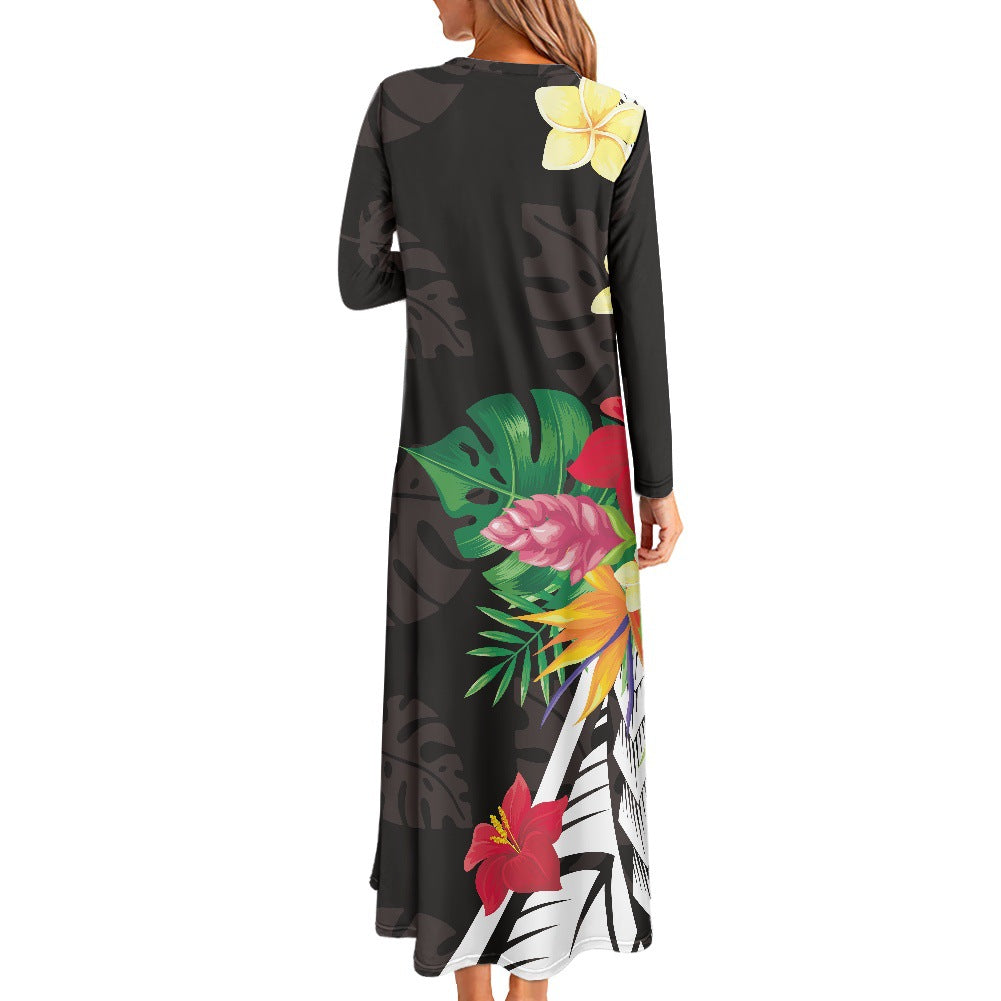 Hawaiian Print Dress Large Size Long Sleeve Round Neck Foreign Trade Women's Long Skirt