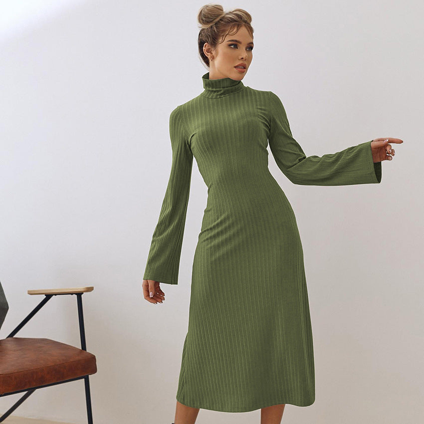 Temperament Commute Long Dress Turtleneck Sheath Dress Niche Pleated Cross-Border European and American Women's Clothing