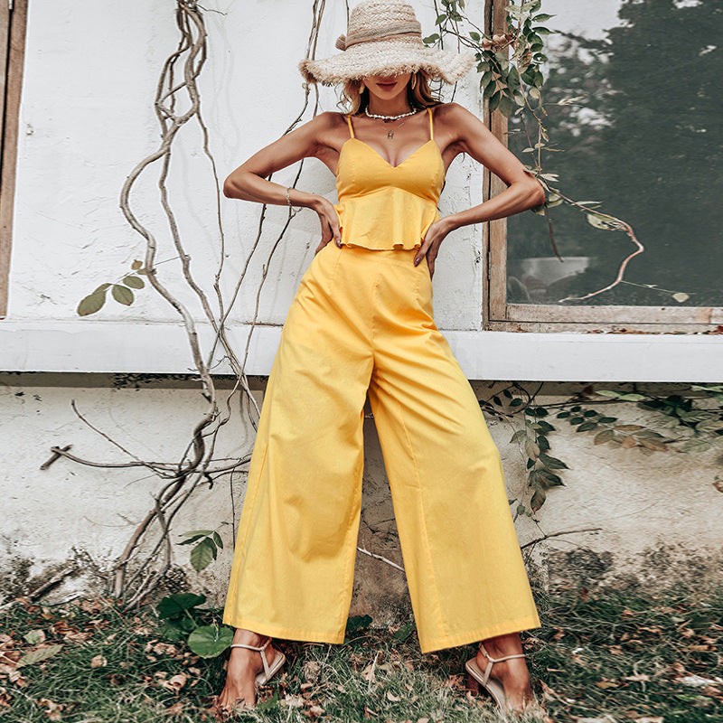 Yellow Vest Top Backless Sexy Sling Casual One-Piece Trousers Two-Piece Suit