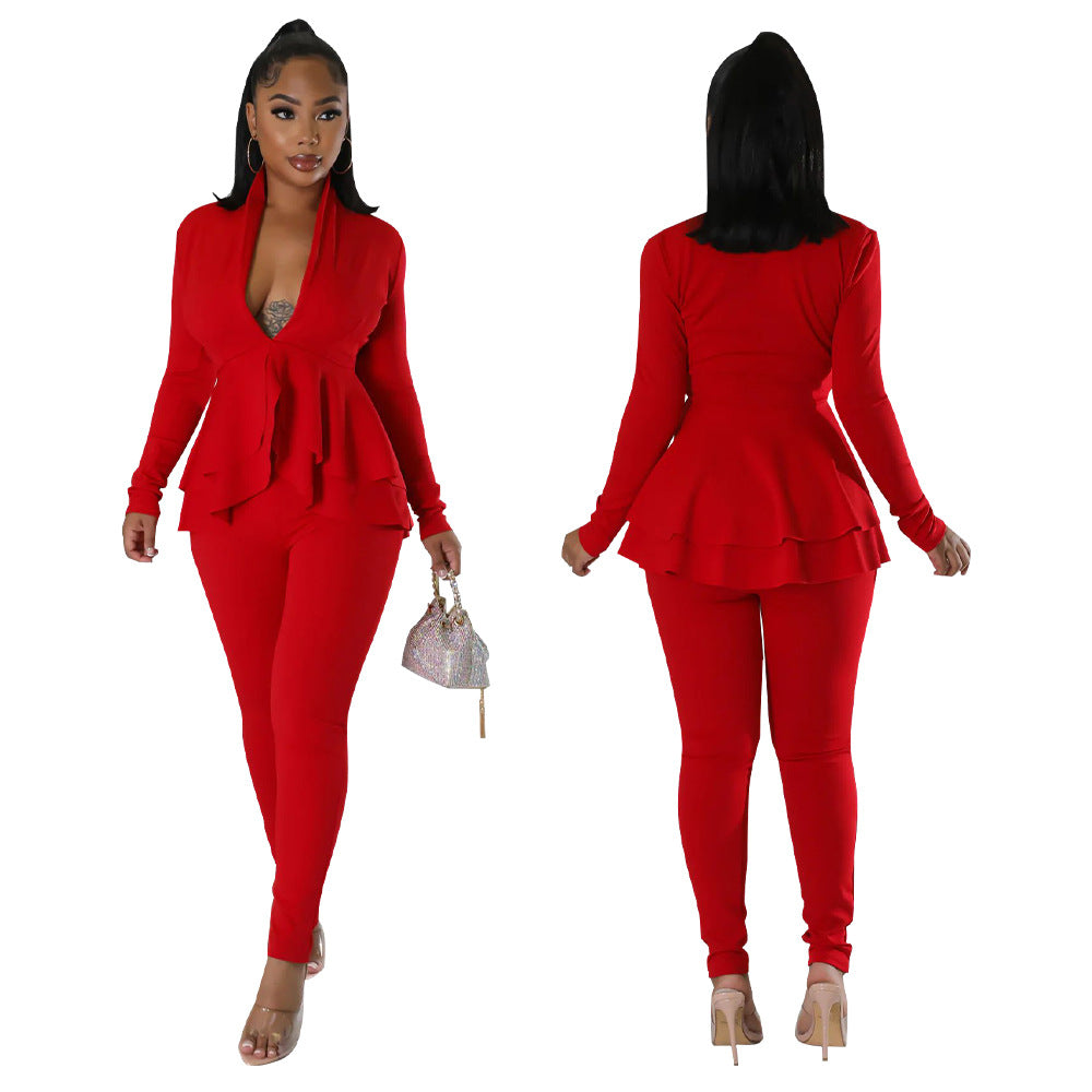 Autumn Ruffled Deep V-neck Long Sleeve Pencil Pants Suit New