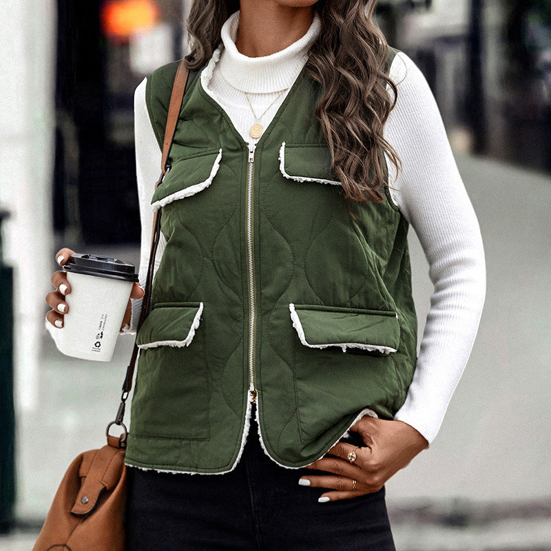 Zipper V-neck Army Green Vest Cotton-Padded Waistcoat Coat European and American Women's Clothing