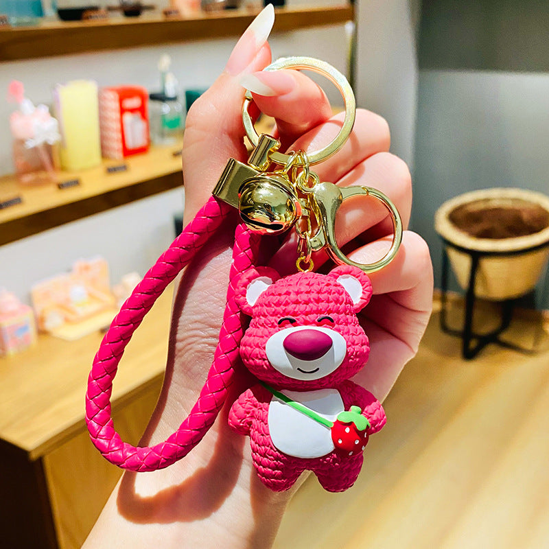 Cartoon Cute Resin Strawberry Bear Girl Heart Creative Car Key Ring Schoolbag Pendant Pair of Small Gifts