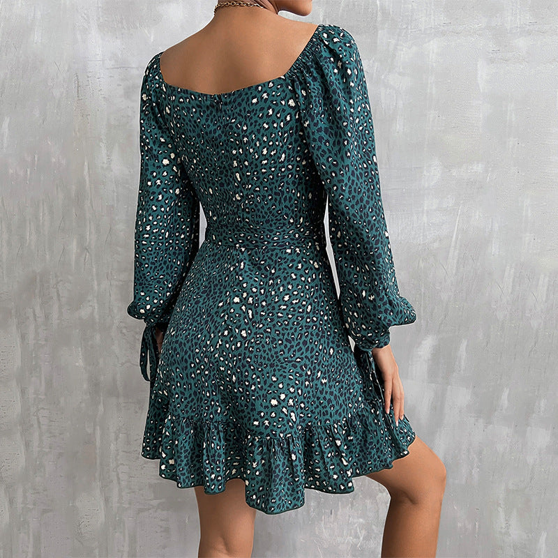 Women's V-neck Sequins Lace-up Waist-Slimming Dress Irregular Long Sleeve Dress