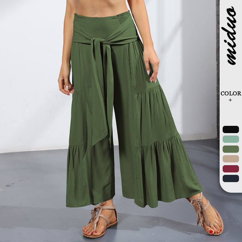 Women's Summer Rope Pleated Loose Wide-Leg Pants Casual All-Match Cropped Pants