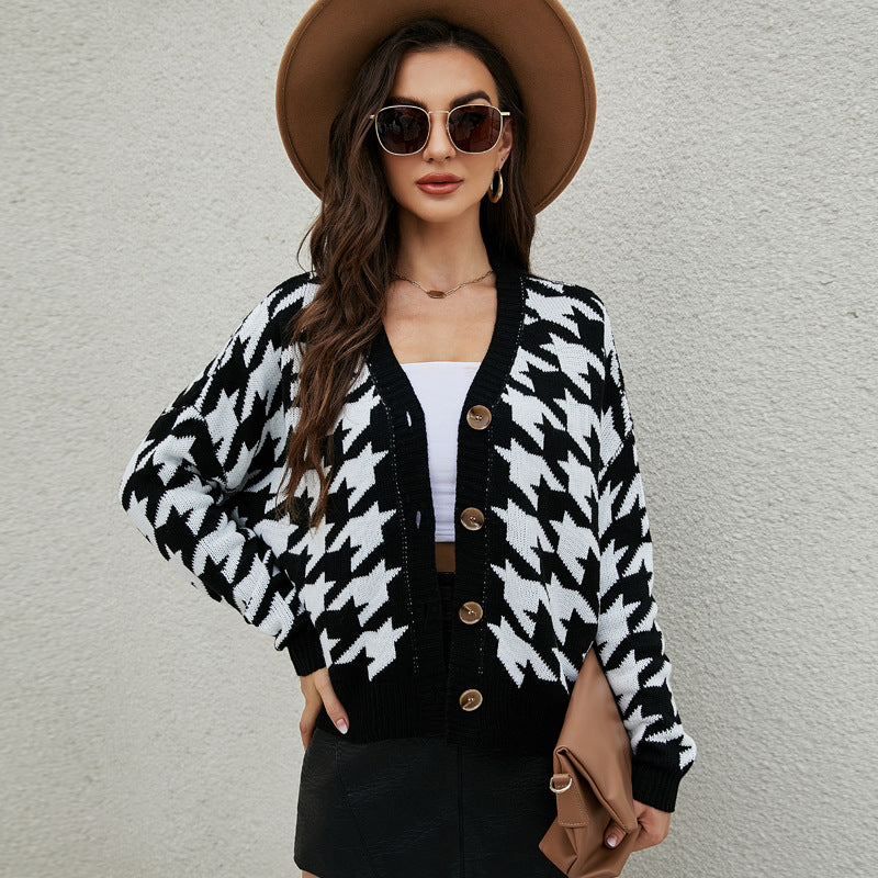 Houndstooth Loose Sweater Coat Fashion V-neck Long Sleeve Knitted Cardigan