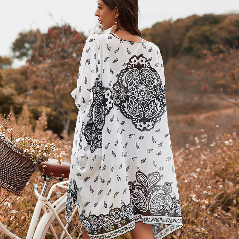 Cardigan Bohemian Cloak Blouse Short Sleeve Printed Beach Vacation Sun Protection Clothing