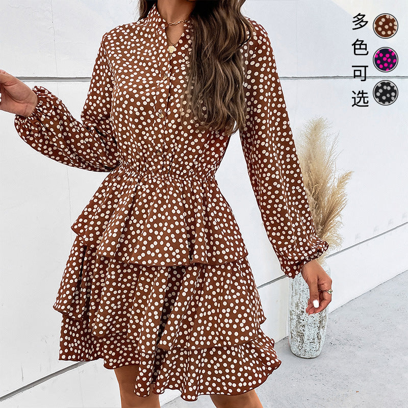 Early Autumn Polka Dot Printed Long Sleeve Bottoming Dress Ruffled