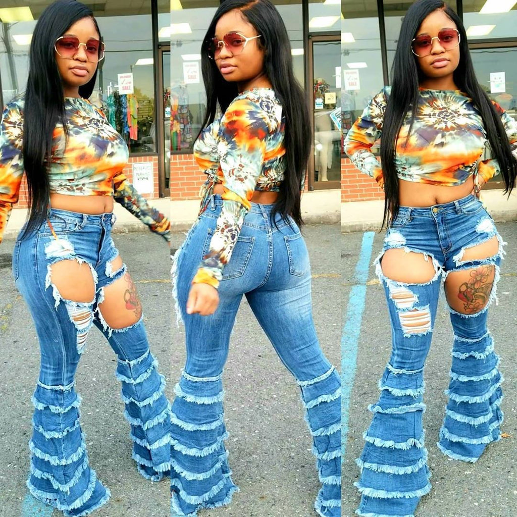 Bestseller Fashion Big Ripped Denim Bootcut Pants