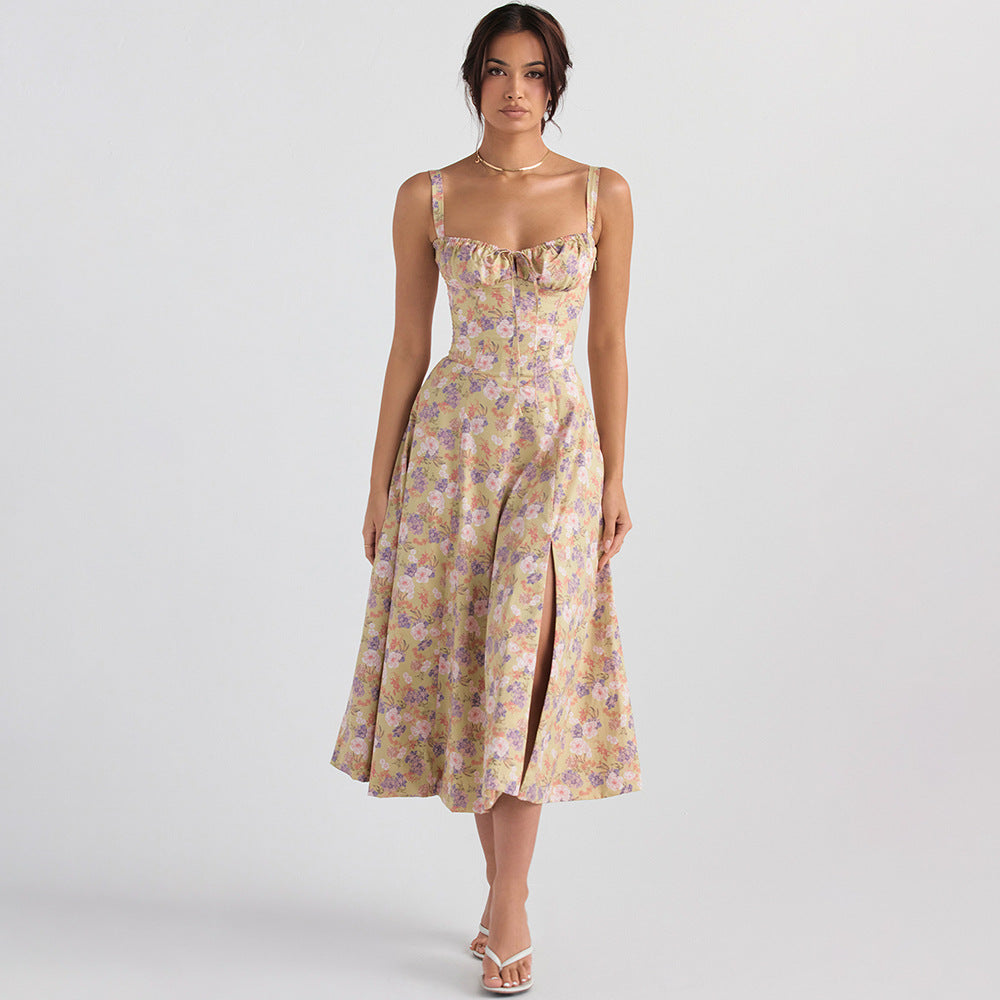 Slim Fit Slit Floral Skirt Hollow Backless Suspender Dress