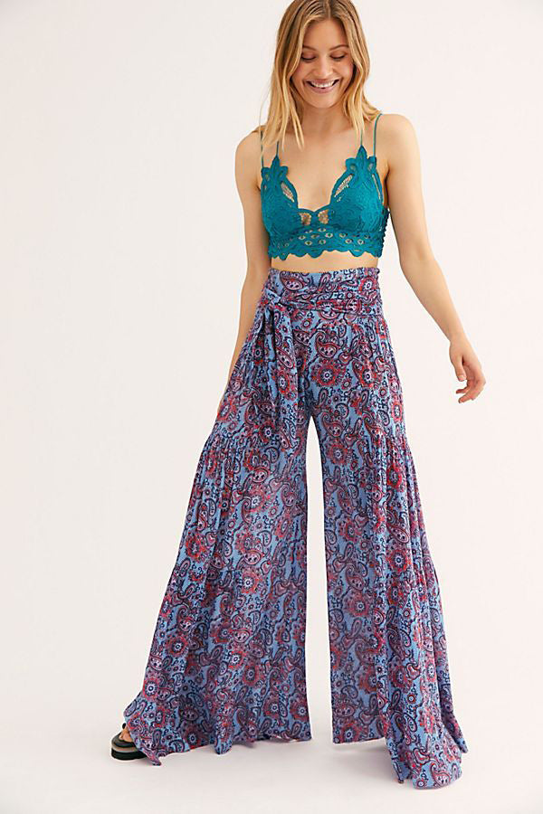 Floral Digital Printing Women's Rope Belt Casual Wide-Leg Pants Beach Vacation Bell-Bottom Pants