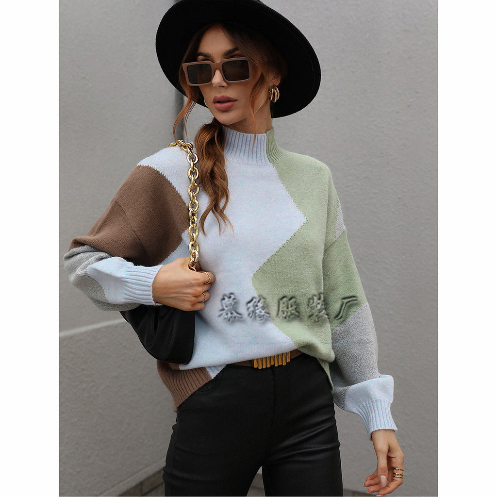 Autumn and Winter European and American Loose New Color-Block Crew Neck Knitwear Women's Pullover Foreign Trade Sweater Women