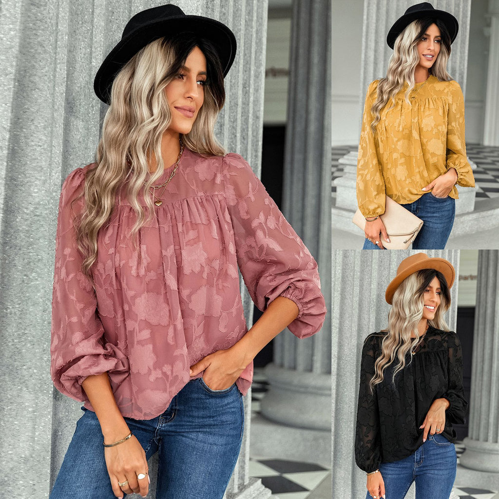 2022 New Jacquard round Neck Top Women's American Station Cross-Border European and American Women's Clothing Loose Chiffon Shirt