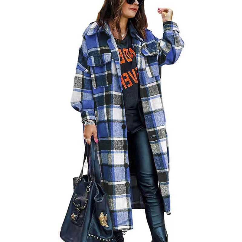 Long Sleeve Loose Button Plaid Shirt Woolen Coat Long