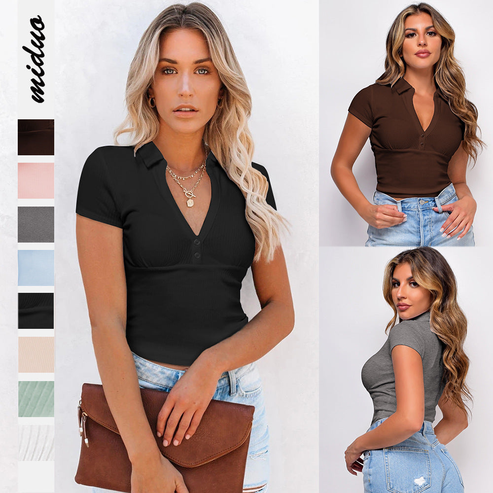 Summer Women's Retro Chic Waist-Tight Shirt Skinny Short Polo Short-Sleeved Casual T-shirt Top
