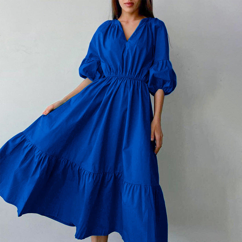 Klein Blue Puff Sleeve High Waist A- line Skirt Commuter Dress Long Skirt Fashion Simple Women