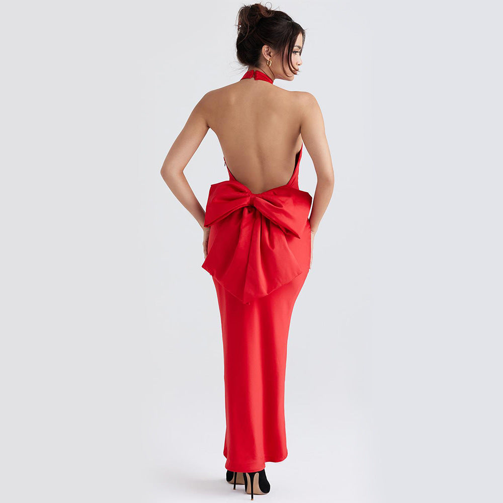 Women's Sexy Socialite Slim Fit Backless Long Dress Toast Dress Bow Halter Dress Evening Dress