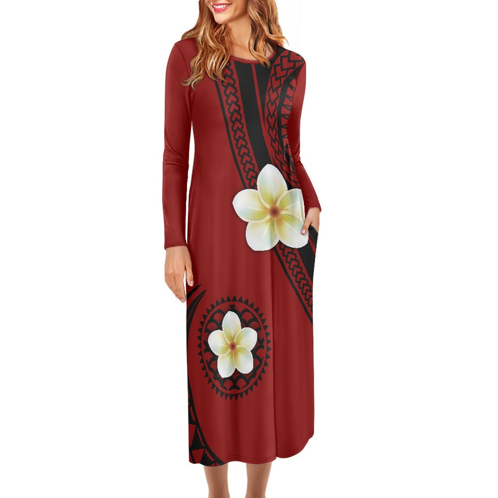 Hawaiian Print Dress Large Size Long Sleeve Round Neck Foreign Trade Women's Long Skirt