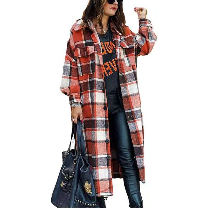 Long Sleeve Loose Button Plaid Shirt Woolen Coat Long