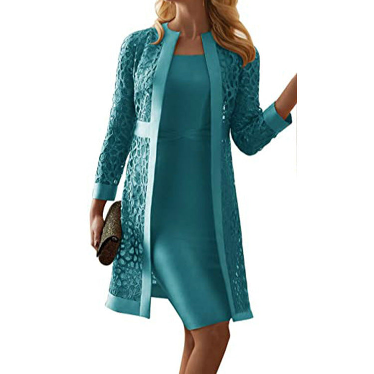 Fashion Two-Piece Suit Solid Color Lace Cardigan Temperament Commute Dress Suit for Women