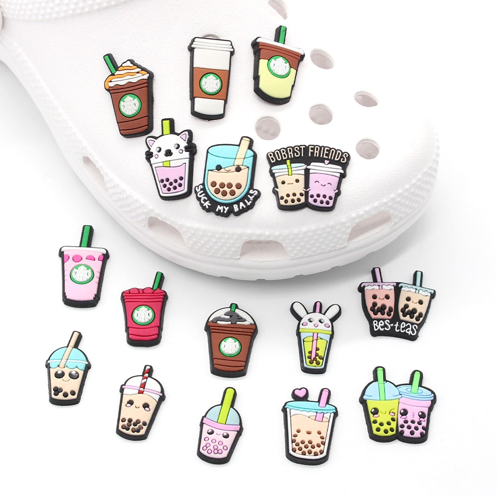 1pc Croc JIBZ Cute Cartoon Milk Tea Shoe Charms For Clogs Garden Sandals Decoration Funny Accessories For Kids Party X-mas Gift