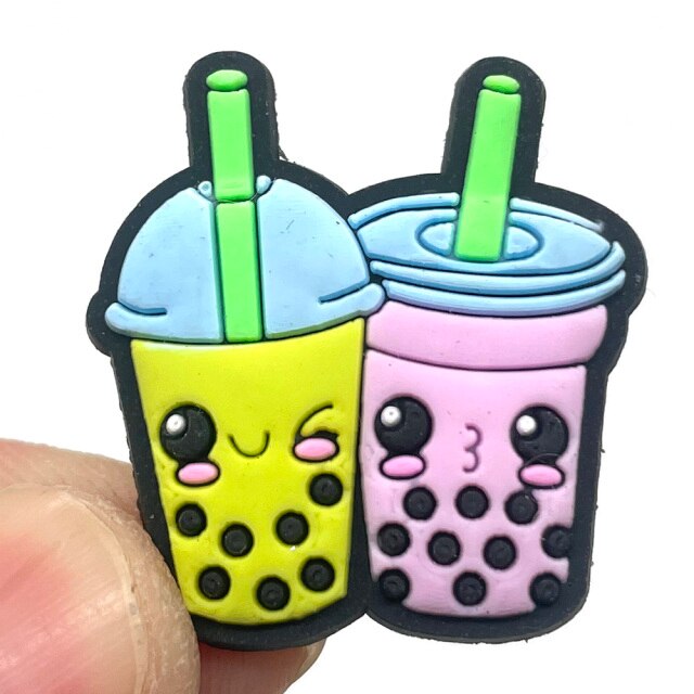 1pc Croc JIBZ Cute Cartoon Milk Tea Shoe Charms For Clogs Garden Sandals Decoration Funny Accessories For Kids Party X-mas Gift