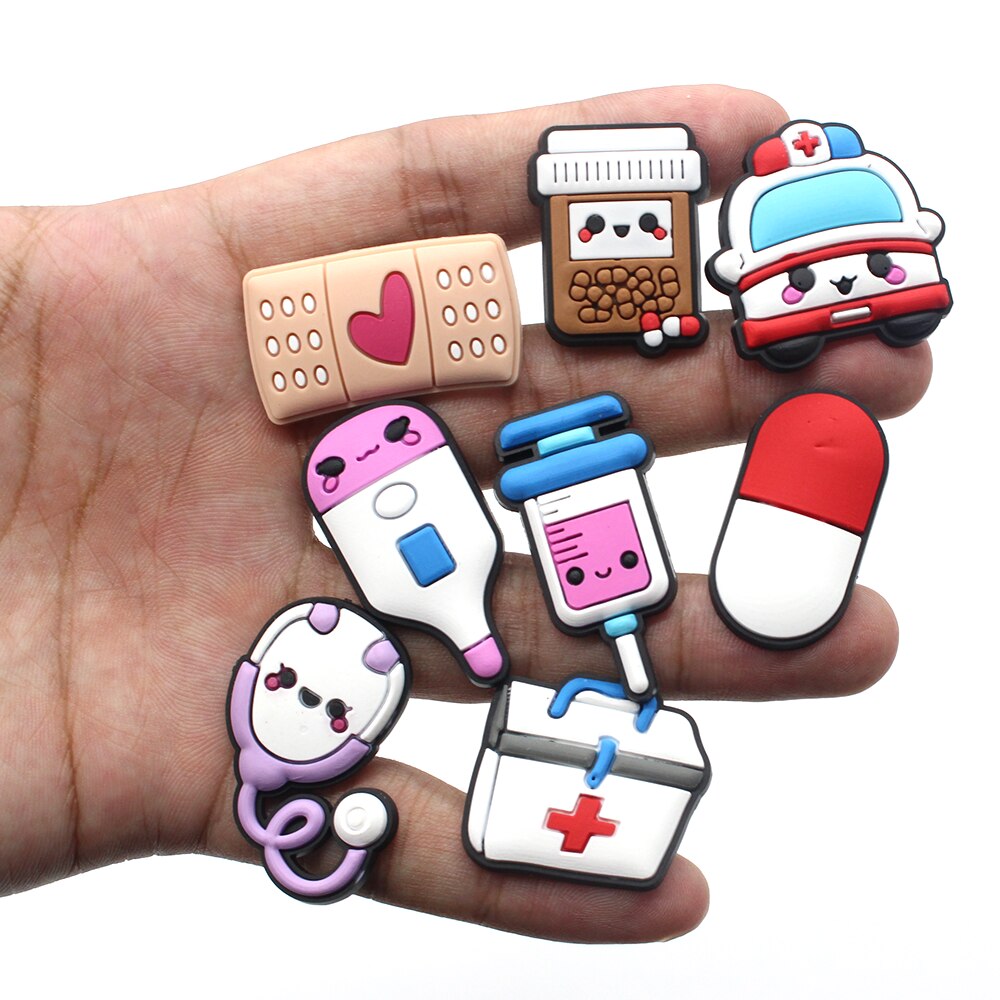 Cute 1pcs Cartoon medical products PVC Shoe Charms DIY Shoe Aceessories Decorations jibz Fit croc Clogs Buckle kids X-mas Gifts