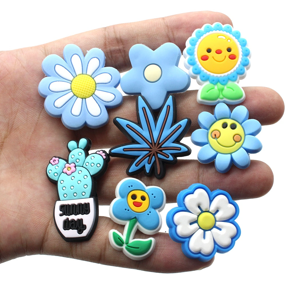 New 1pcs Blue style Shoe Charms Cartoon sun flower Shoe Aceessories Fit women croc Clogs PVC Decorations girls X-mas Gifts jibz