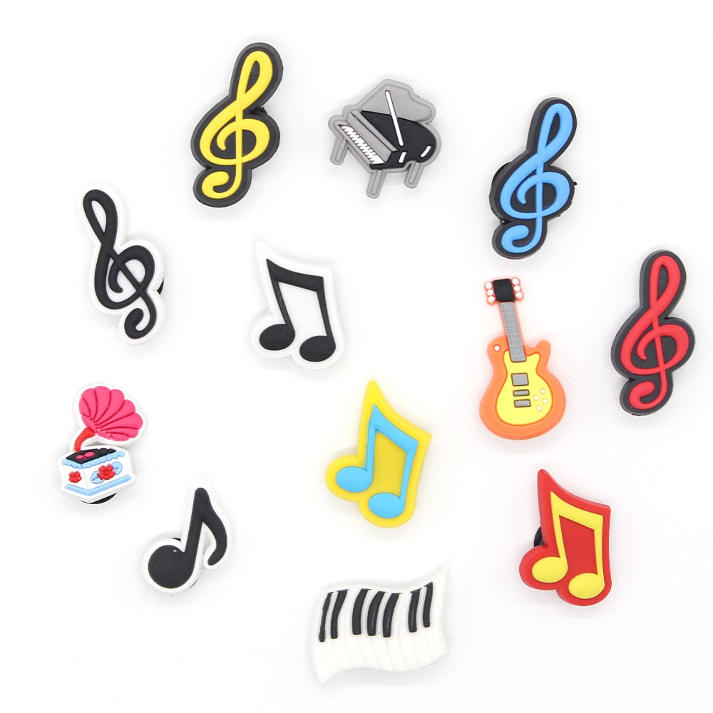 Hot 1pcs musical note PVC Shoe Charms Funny DIY piano/Guitar Shoe Aceessories Fit Sandals Buckle Unisex kids Gifts croc jibz