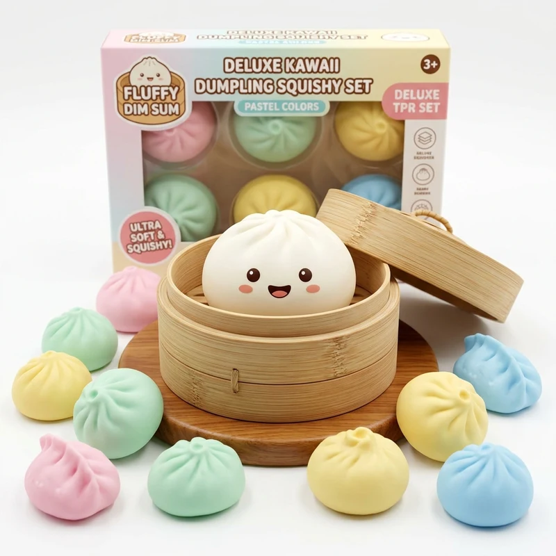 Deluxe Kawaii TPR Dumpling Squishy Set with Bamboo Steamer CDU Box