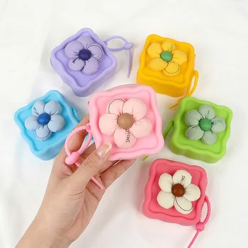 New Vibrant Color Square Hollow Flower Silicone Coin Purse Keychain Mini Earphone Storage...