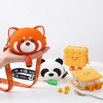 Cute Cartoon Panda Biscuit Silicone Coin Purse Crossbody Bag Kids Women Earphone Key...