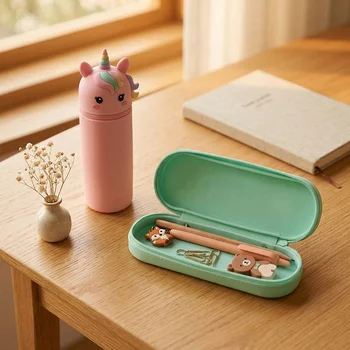 DIY Hanging Hole Cartoon Animal Silicone Pen Bag Foldable Telescopic Large Capacity Pencil...