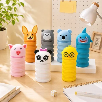 Cute Panda Cartoon Telescopic Foldable Silicone Pen Bag Vertical Student Pencil Case...