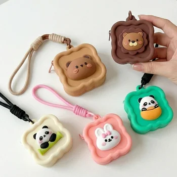 Custom Logo Kawaii 3D Panda Bear Rabbit Wavy Square Silicone Coin Purse Keychain Earphone...