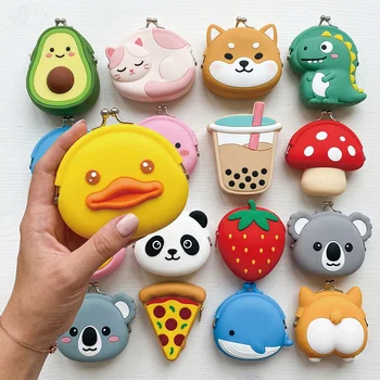 Custom Logo Kawaii 3D Animal Fruit Food Kiss Lock Silicone Coin Purse Keychain Earphone...