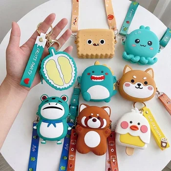 Custom Logo Cartoon Duck Panda Frog Pop It Silicone Coin Purse Keychain Kids Crossbody Bag...