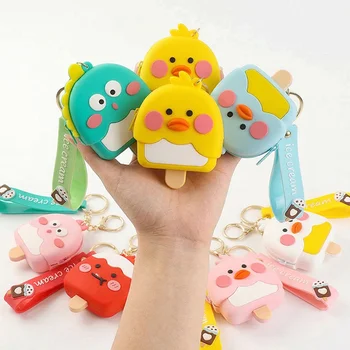 Custom Logo Kawaii 3D Duck Popsicle Mini Silicone Coin Purse Zipper Keychain Earphone...