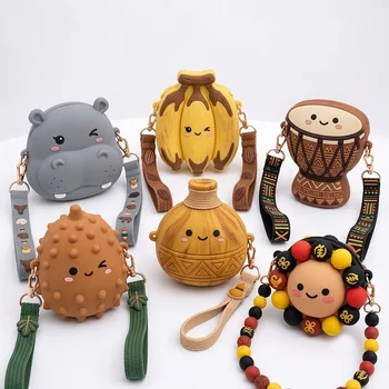 African Style 3D Cartoon Hippo Banana Drum Silicone Coin Purse Keychain Earphone Storage...
