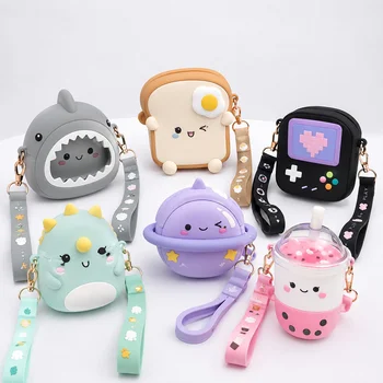 Kawaii 3D Shark Dinosaur Planet Toast Game Console Bubble Tea Silicone Coin Purse Keychain...