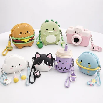 Kawaii 3D Hamburger Dinosaur Cat Cloud Bubble Tea Camera Silicone Coin Purse Keychain...