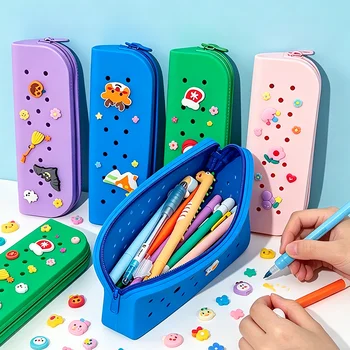 Customizable Ventilation Silicone Pencil Case DIY Hole Cartoon Pen Bag Multi-functional...