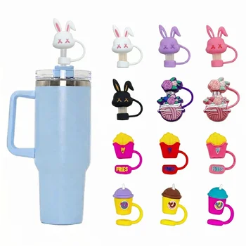 Silicone Straw Cap Bear Rabbit Wool Fries Mushroom Milk Tea Cup Straw Topper Dust Plug...