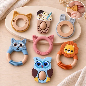 Baby Teether Infant Teether Teething Toy Teething Stick Silicone Teether U Shaped Ring Wood...