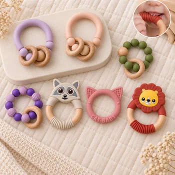 Baby Teether Infant Teether Teething Toy Teething Stick Silicone Teether Beaded Beech Wood...