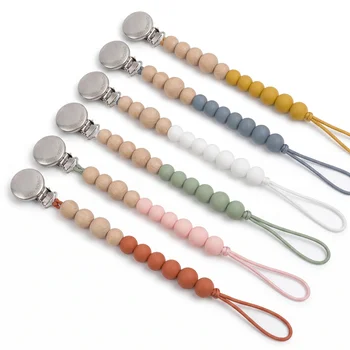 Custom DIY Wood Silicone Bead Pacifier Chain Minimalist Round Metal Disc Clip Teething...