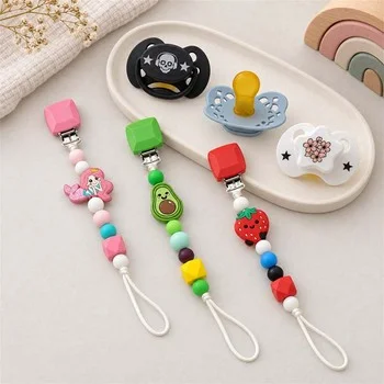 Mermaid Avocado Strawberry Cartoon Focal Bead Silicone Pacifier Chain Clip Set Newborn Baby...
