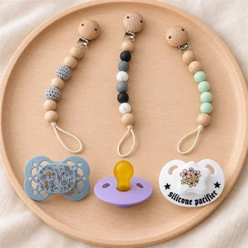 Natural Wood Bead and Silicone Pacifier Chain Clip Combo Set with Newborn Baby Pacifier...