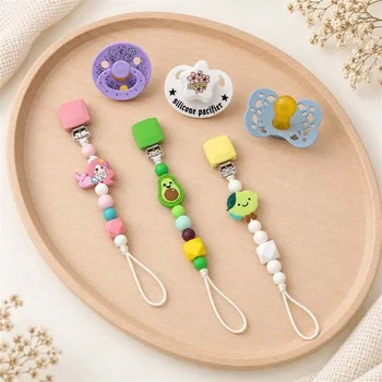 Silicone Bead Pacifier Clip and Chain Combo Set with Newborn Baby Pacifier Teething Dummy...
