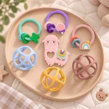 Baby Teether Infant Teether Teething Toy Teething Stick Teething Ring Dusty Rose Sphere...