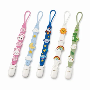 Custom One Piece Silicone Pacifier Strap 5 Theme Space Dino Rainbow Bunny Teething Soother...